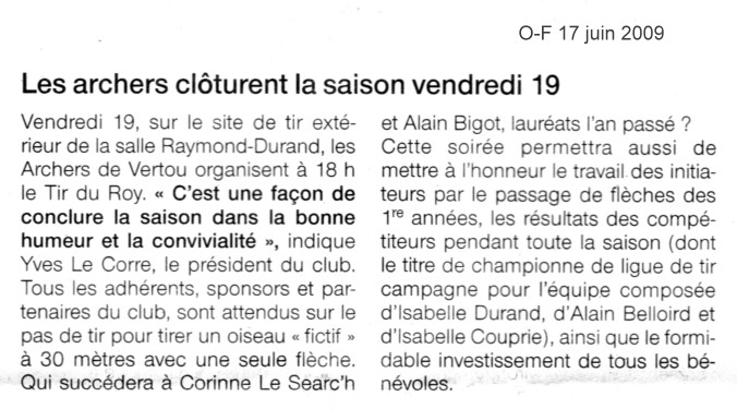 Article Ouest France du 17 juin 2009